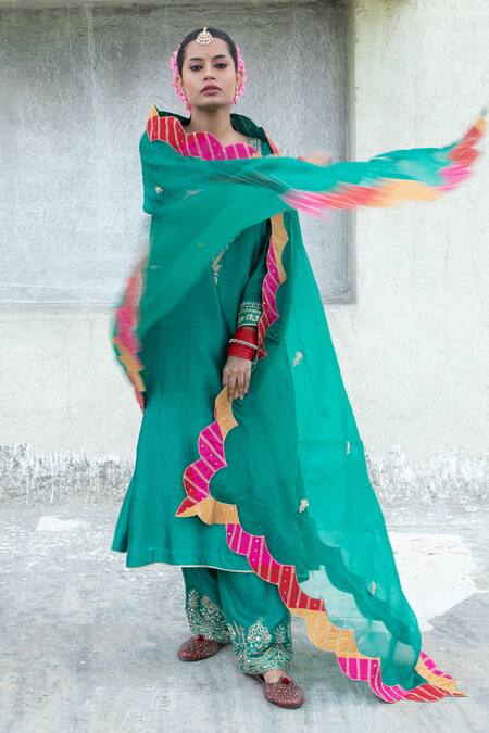 Buy Pants And Pajamas Green Cotton Flower Embroidered Hem Pant Online at Aza Fashions Buy_Pants And Pajamas_Green Cotton Flower Embroidered Hem Pant _Online_at_Aza_Fashions