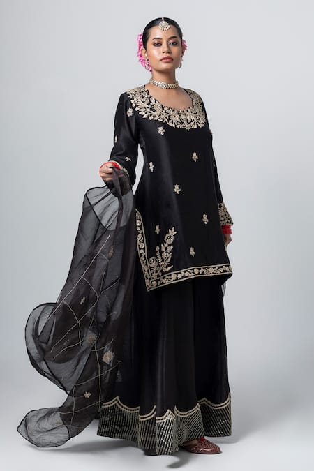 Pants And Pajamas Black Silk, Chanderi Embroidery Contrast Hem Sharara Online at Aza Fashions Pants And Pajamas_Black Silk, Chanderi Embroidery Contrast Hem Sharara _Online_at_Aza_Fashions