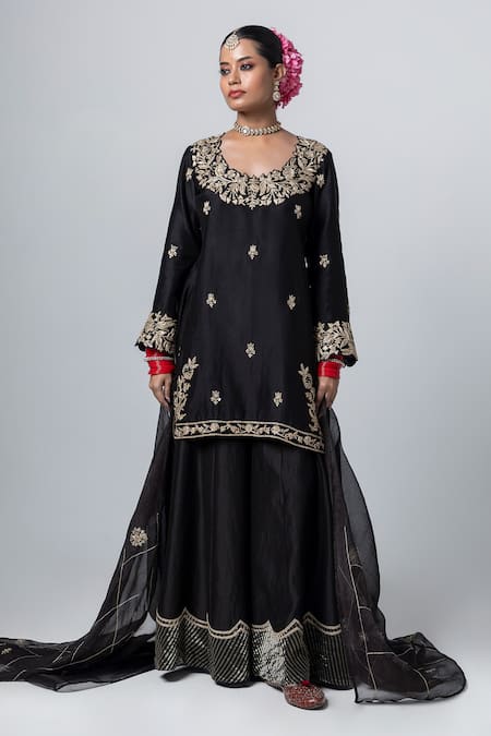 Buy Pants And Pajamas Black Silk, Chanderi Embroidery Contrast Hem Sharara Online at Aza Fashions Buy_Pants And Pajamas_Black Silk, Chanderi Embroidery Contrast Hem Sharara _Online_at_Aza_Fashions