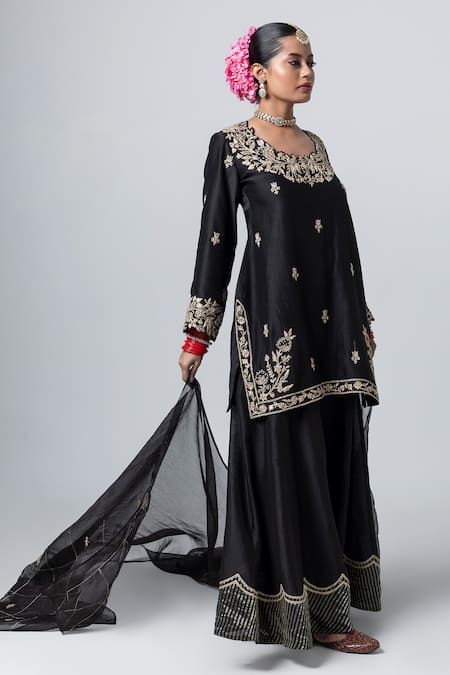Shop Pants And Pajamas Black Silk, Chanderi Embroidery Contrast Hem Sharara Online at Aza Fashions Shop_Pants And Pajamas_Black Silk, Chanderi Embroidery Contrast Hem Sharara _Online_at_Aza_Fashions