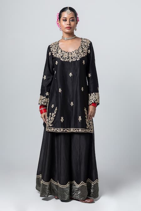 Pants And Pajamas Black Silk, Chanderi Embroidery Contrast Hem Sharara at Aza Fashions Pants And Pajamas_Black Silk, Chanderi Embroidery Contrast Hem Sharara _at_Aza_Fashions