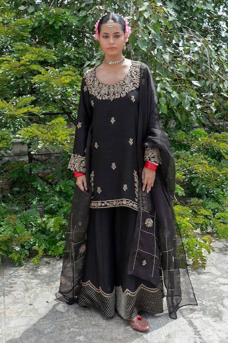 Pants and Pajamas Black Embroidery Dori Silk Chanderi Contrast Hem Sharara 