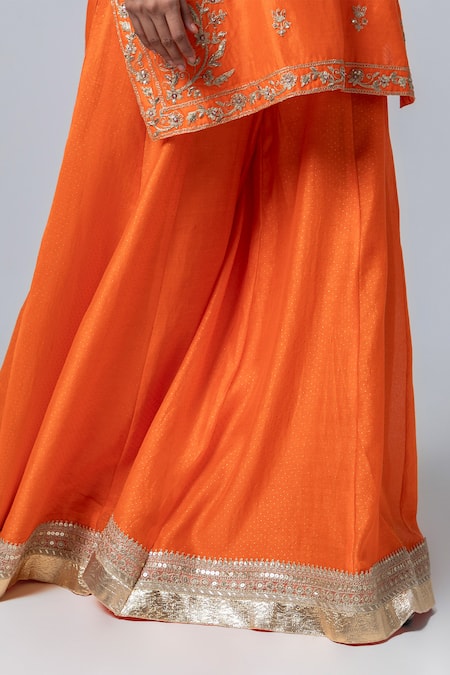 Pants And Pajamas Orange Chanderi Embroidery Silk Butti Pattern Sharara Online at Aza Fashions Pants And Pajamas_Orange Chanderi Embroidery Silk Butti Pattern Sharara _Online_at_Aza_Fashions