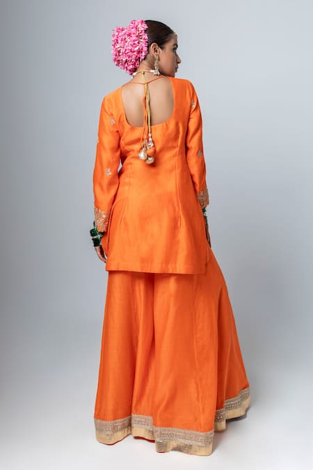 Shop Pants And Pajamas Orange Chanderi Embroidery Silk Butti Pattern Sharara at Aza Fashions Shop_Pants And Pajamas_Orange Chanderi Embroidery Silk Butti Pattern Sharara _at_Aza_Fashions