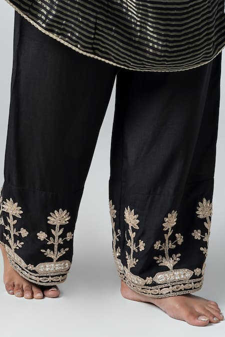 Buy Pants And Pajamas Black Cotton, Silk Gota Patti, Sequins Floral Border Embroidered Pant Online at Aza Fashions Buy_Pants And Pajamas_Black Cotton, Silk Gota Patti, Sequins Floral Border Embroidered Pant _Online_at_Aza_Fashions