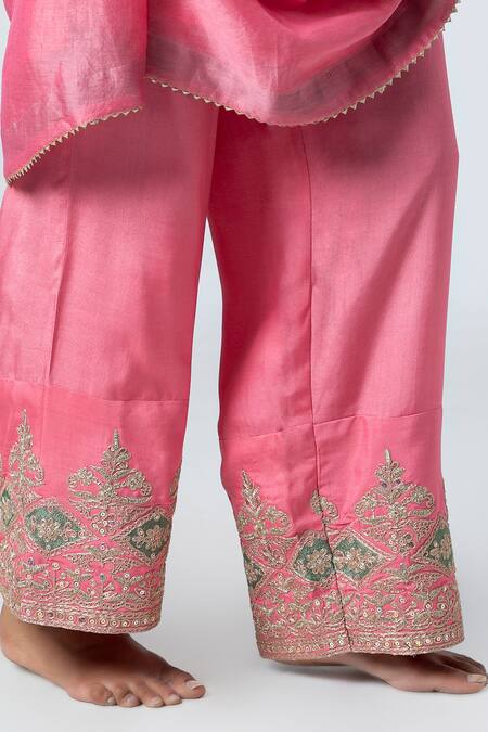 Shop Pants And Pajamas Pink Cotton, Silk Sequins, Zari Border Embroidered Pant Online at Aza Fashions Shop_Pants And Pajamas_Pink Cotton, Silk Sequins, Zari Border Embroidered Pant _Online_at_Aza_Fashions