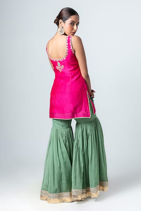 Shop_Pants And Pajamas_Green Cotton, Silk Gota Patti, Sequins, Zari Surat Polka Dot Print Sharara _at_Aza_Fashions