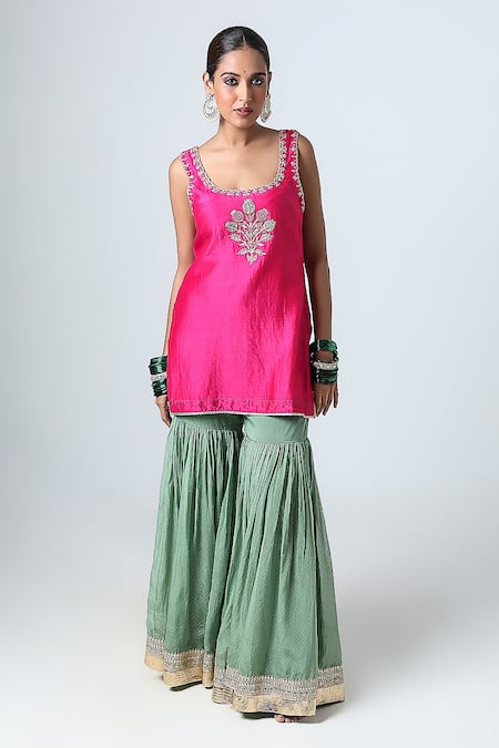 Pants And Pajamas_Green Cotton, Silk Gota Patti, Sequins, Zari Surat Polka Dot Print Sharara _Online_at_Aza_Fashions