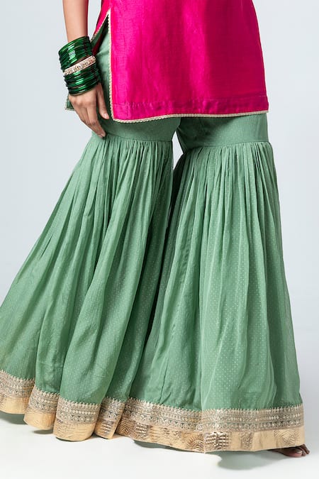 Buy_Pants And Pajamas_Green Cotton, Silk Gota Patti, Sequins, Zari Surat Polka Dot Print Sharara _Online_at_Aza_Fashions