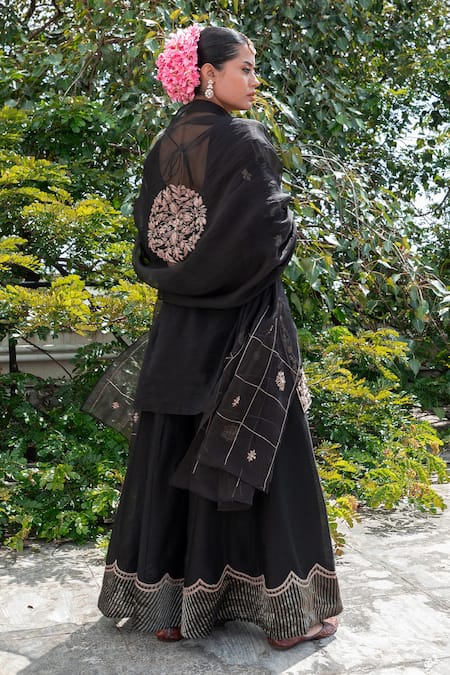 Shop Pants And Pajamas Black Silk Organza Sequins, Zari Floral Butta Embroidered Dupatta at Aza Fashions Shop_Pants And Pajamas_Black Silk Organza Sequins, Zari Floral Butta Embroidered Dupatta _at_Aza_Fashions