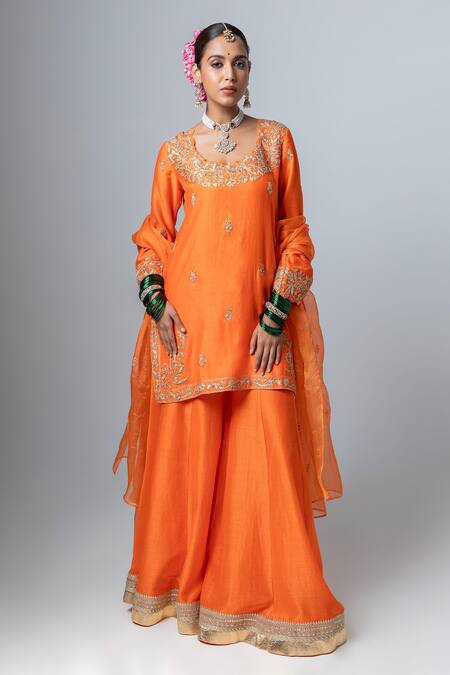 Shop Pants And Pajamas Orange Silk Organza Sequins, Zari Thread Placement Embroidered Dupatta Online at Aza Fashions Shop_Pants And Pajamas_Orange Silk Organza Sequins, Zari Thread Placement Embroidered Dupatta _Online_at_Aza_Fashions