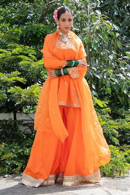 Pants and Pajamas Orange Silk Organza Embroidery Zari Thread Placement Dupatta 