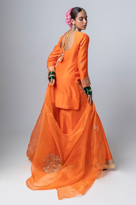Shop Pants And Pajamas Orange Silk Organza Sequins, Zari Thread Placement Embroidered Dupatta at Aza Fashions Shop_Pants And Pajamas_Orange Silk Organza Sequins, Zari Thread Placement Embroidered Dupatta _at_Aza_Fashions