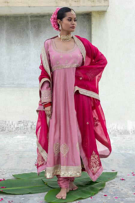 Pants And Pajamas Magenta Silk Organza Sequins, Gota Patti, Zari Border Embroidered Dupatta Online at Aza Fashions Pants And Pajamas_Magenta Silk Organza Sequins, Gota Patti, Zari Border Embroidered Dupatta _Online_at_Aza_Fashions