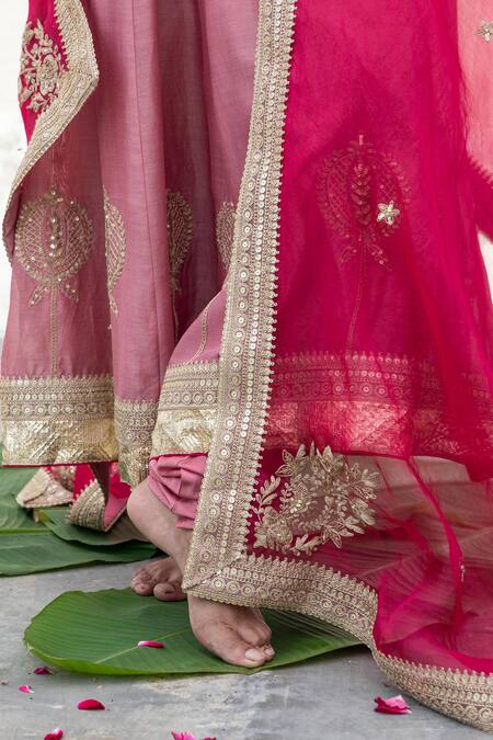 Pants And Pajamas Magenta Silk Organza Sequins, Gota Patti, Zari Border Embroidered Dupatta at Aza Fashions Pants And Pajamas_Magenta Silk Organza Sequins, Gota Patti, Zari Border Embroidered Dupatta _at_Aza_Fashions