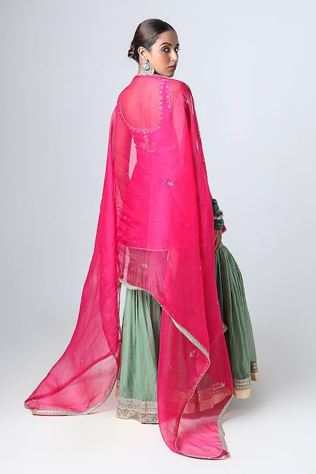 Shop Pants And Pajamas Pink Silk Organza Gota Patti Lace Border Embroidered Dupatta at Aza Fashions Shop_Pants And Pajamas_Pink Silk Organza Gota Patti Lace Border Embroidered Dupatta _at_Aza_Fashions