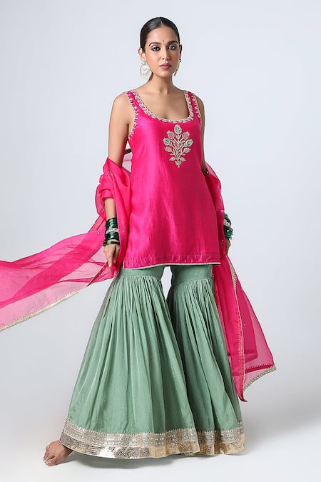 Pants And Pajamas Pink Silk Organza Gota Patti Lace Border Embroidered Dupatta Online at Aza Fashions Pants And Pajamas_Pink Silk Organza Gota Patti Lace Border Embroidered Dupatta _Online_at_Aza_Fashions