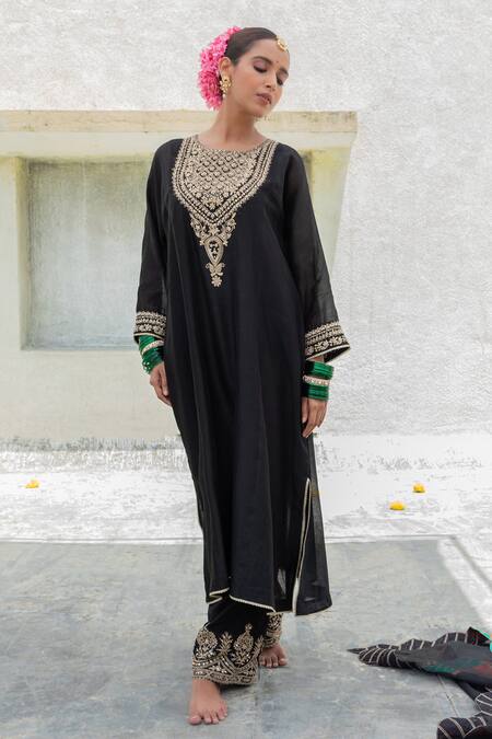 Pants And Pajamas Black Silk, Chanderi, Voile Sequins, Zari Round Neck Yoke Embroidered Kurta Online at Aza Fashions Pants And Pajamas_Black Silk, Chanderi, Voile Sequins, Zari Round Neck Yoke Embroidered Kurta _Online_at_Aza_Fashions