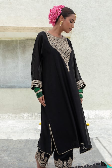 Buy Pants And Pajamas Black Silk, Chanderi, Voile Sequins, Zari Round Neck Yoke Embroidered Kurta Online at Aza Fashions Buy_Pants And Pajamas_Black Silk, Chanderi, Voile Sequins, Zari Round Neck Yoke Embroidered Kurta _Online_at_Aza_Fashions