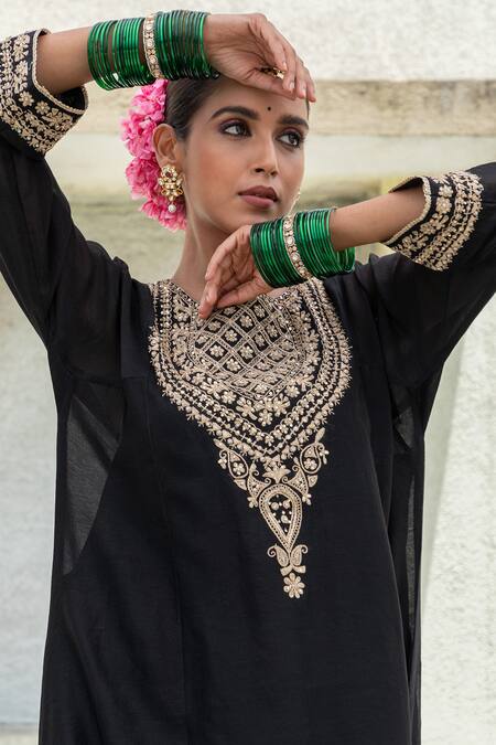 Shop Pants And Pajamas Black Silk, Chanderi, Voile Sequins, Zari Round Neck Yoke Embroidered Kurta Online at Aza Fashions Shop_Pants And Pajamas_Black Silk, Chanderi, Voile Sequins, Zari Round Neck Yoke Embroidered Kurta _Online_at_Aza_Fashions