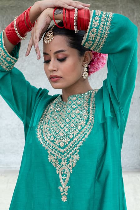 Shop Pants And Pajamas Green Silk, Chanderi, Voile Sequins, Zari Round Geometric Yoke Embroidered Kurta at Aza Fashions Shop_Pants And Pajamas_Green Silk, Chanderi, Voile Sequins, Zari Round Geometric Yoke Embroidered Kurta _at_Aza_Fashions