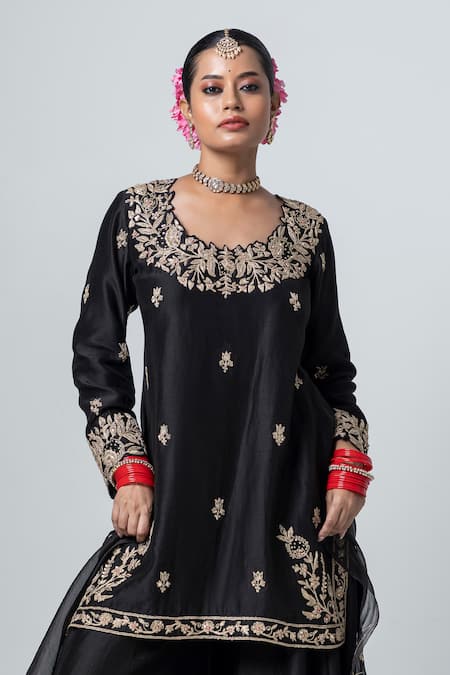Pants And Pajamas Black Silk, Chanderi, Voile Sequins, Zari Round Neck Yoke Embroidered Kurta Online at Aza Fashions Pants And Pajamas_Black Silk, Chanderi, Voile Sequins, Zari Round Neck Yoke Embroidered Kurta _Online_at_Aza_Fashions