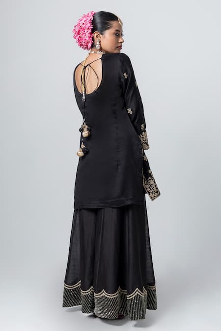 Shop Pants And Pajamas Black Silk, Chanderi, Voile Sequins, Zari Round Neck Yoke Embroidered Kurta at Aza Fashions Shop_Pants And Pajamas_Black Silk, Chanderi, Voile Sequins, Zari Round Neck Yoke Embroidered Kurta _at_Aza_Fashions