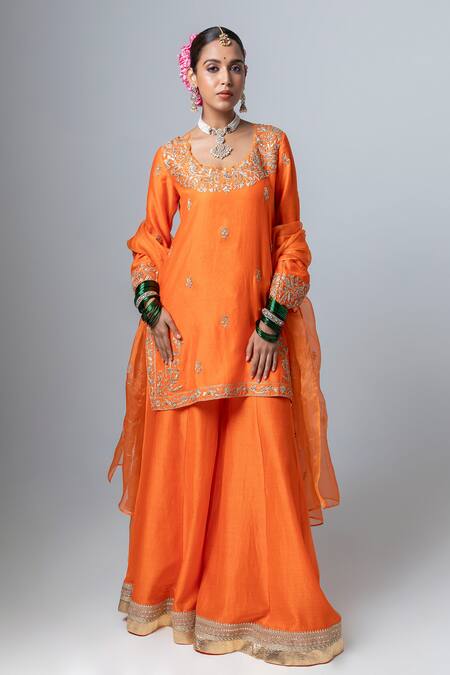 Pants And Pajamas_Orange Silk, Chanderi, Voile Sequins, Zari Floral Cutwork Embroidered Kurta _Online_at_Aza_Fashions