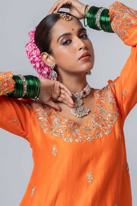 Buy_Pants And Pajamas_Orange Silk, Chanderi, Voile Sequins, Zari Floral Cutwork Embroidered Kurta _Online_at_Aza_Fashions