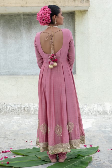 Shop Pants And Pajamas Pink Silk, Chanderi, Voile Sequins, Zari, Beads Floral Embroidered Anarkali at Aza Fashions Shop_Pants And Pajamas_Pink Silk, Chanderi, Voile Sequins, Zari, Beads Floral Embroidered Anarkali _at_Aza_Fashions