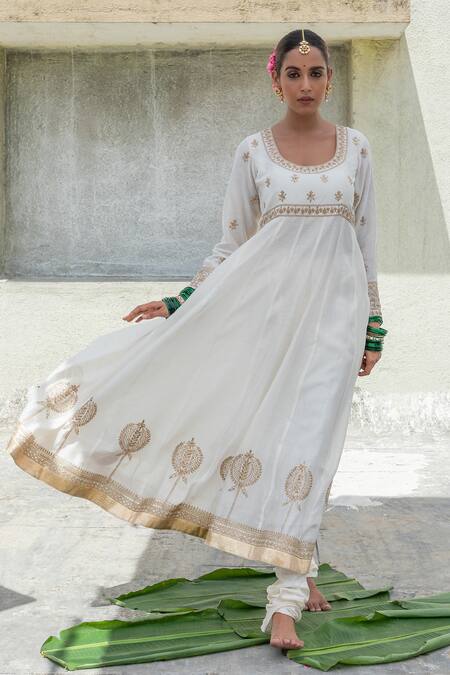 Pants And Pajamas_White Silk, Chanderi, Voile Sequins, Beads, Zari Round Neck Embroidered Anarkali _Online_at_Aza_Fashions