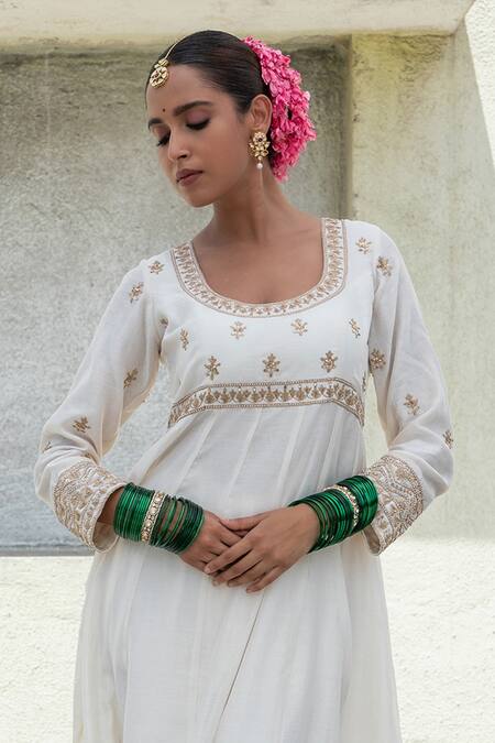 Buy_Pants And Pajamas_White Silk, Chanderi, Voile Sequins, Beads, Zari Round Neck Embroidered Anarkali _Online_at_Aza_Fashions