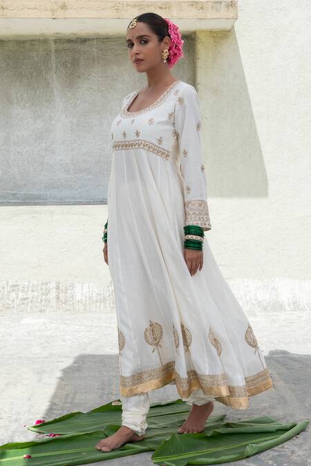 Shop_Pants And Pajamas_White Silk, Chanderi, Voile Sequins, Beads, Zari Round Neck Embroidered Anarkali _Online_at_Aza_Fashions