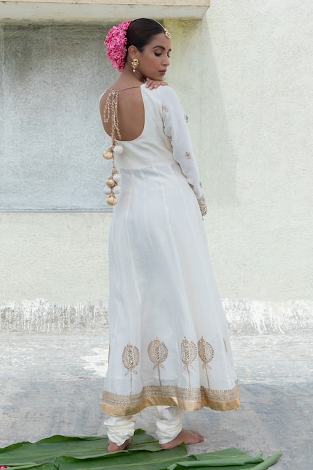 Shop_Pants And Pajamas_White Silk, Chanderi, Voile Sequins, Beads, Zari Round Neck Embroidered Anarkali _at_Aza_Fashions