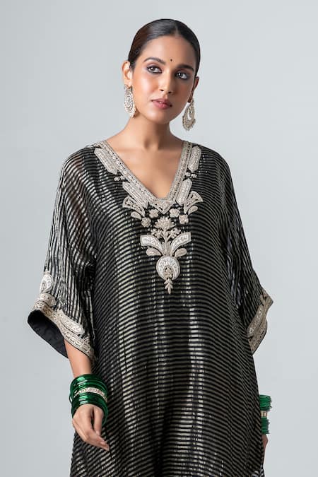 Pants And Pajamas Black Zari, Lace V-neck Stripe Woven Kurta Online at Aza Fashions Pants And Pajamas_Black Zari, Lace V-neck Stripe Woven Kurta _Online_at_Aza_Fashions