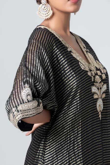 Shop Pants And Pajamas Black Zari, Lace V-neck Stripe Woven Kurta Online at Aza Fashions Shop_Pants And Pajamas_Black Zari, Lace V-neck Stripe Woven Kurta _Online_at_Aza_Fashions