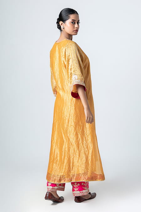 Shop_Pants And Pajamas_Yellow Silk Zari, Lace V-neck Woven Kurta _at_Aza_Fashions