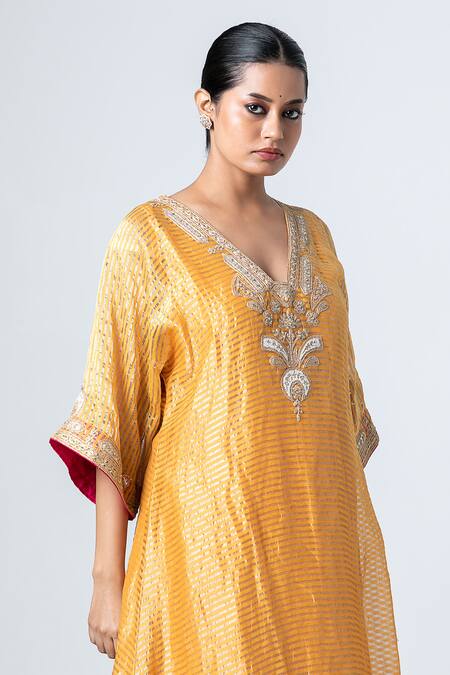 Pants And Pajamas_Yellow Silk Zari, Lace V-neck Woven Kurta _Online_at_Aza_Fashions