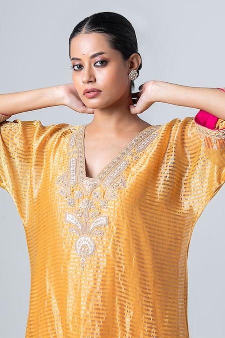 Buy_Pants And Pajamas_Yellow Silk Zari, Lace V-neck Woven Kurta _Online_at_Aza_Fashions