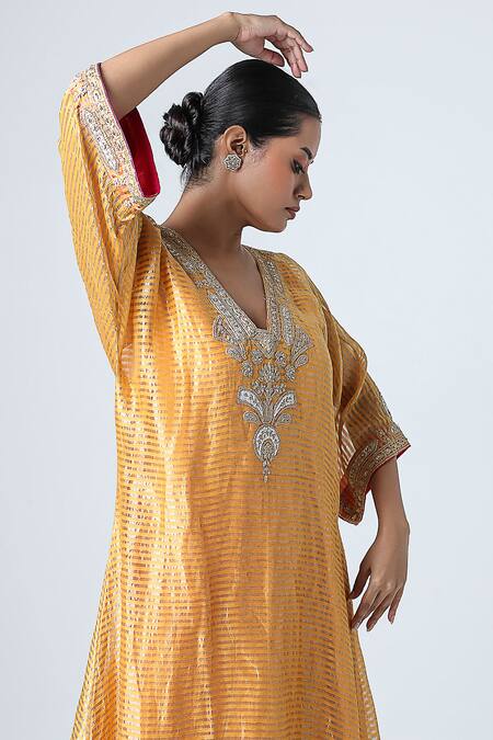 Shop_Pants And Pajamas_Yellow Silk Zari, Lace V-neck Woven Kurta _Online_at_Aza_Fashions