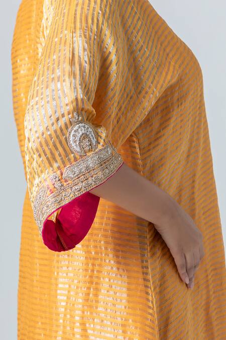 Pants And Pajamas_Yellow Silk Zari, Lace V-neck Woven Kurta _at_Aza_Fashions
