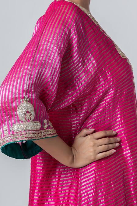 Shop Pants And Pajamas Pink Lace V-neck Stripe Woven Kurta Online at Aza Fashions Shop_Pants And Pajamas_Pink Lace V-neck Stripe Woven Kurta _Online_at_Aza_Fashions