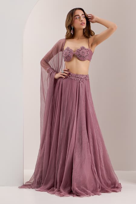 Buy Silky Bindra Purple Organza, Chiffon, Silk Crystals, Bella Placed Snowflake Lehenga Set Online at Aza Fashions Buy_Silky Bindra_Purple Organza, Chiffon, Silk Crystals, Bella Placed Snowflake Lehenga Set _Online_at_Aza_Fashions