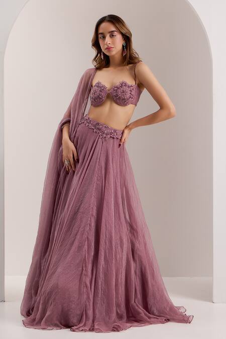 Silky Bindra Purple Organza, Chiffon, Silk Crystals, Bella Placed Snowflake Lehenga Set at Aza Fashions Silky Bindra_Purple Organza, Chiffon, Silk Crystals, Bella Placed Snowflake Lehenga Set _at_Aza_Fashions