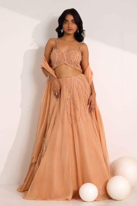 SILKY BINDRA Rose Gold Organza Embellished Crystal Sweetheart Diora Lehenga Set 