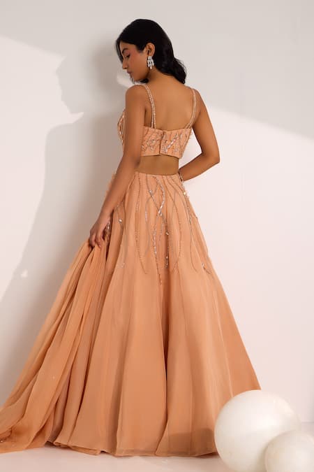 Silky Bindra_Rose Gold Organza, Silk Crystals, Beads Diora Embellished Lehenga Set _Online_at_Aza_Fashions