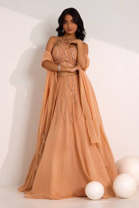 Buy_Silky Bindra_Rose Gold Organza, Silk Crystals, Beads Diora Embellished Lehenga Set _Online_at_Aza_Fashions