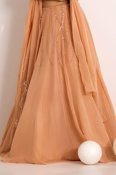 Shop_Silky Bindra_Rose Gold Organza, Silk Crystals, Beads Diora Embellished Lehenga Set _Online_at_Aza_Fashions