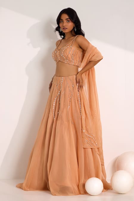 Silky Bindra_Rose Gold Organza, Silk Crystals, Beads Diora Embellished Lehenga Set _at_Aza_Fashions