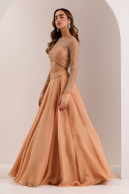 Buy_Silky Bindra_Rose Gold Eira Bead Embellished Waist Lehenga Set _Online_at_Aza_Fashions